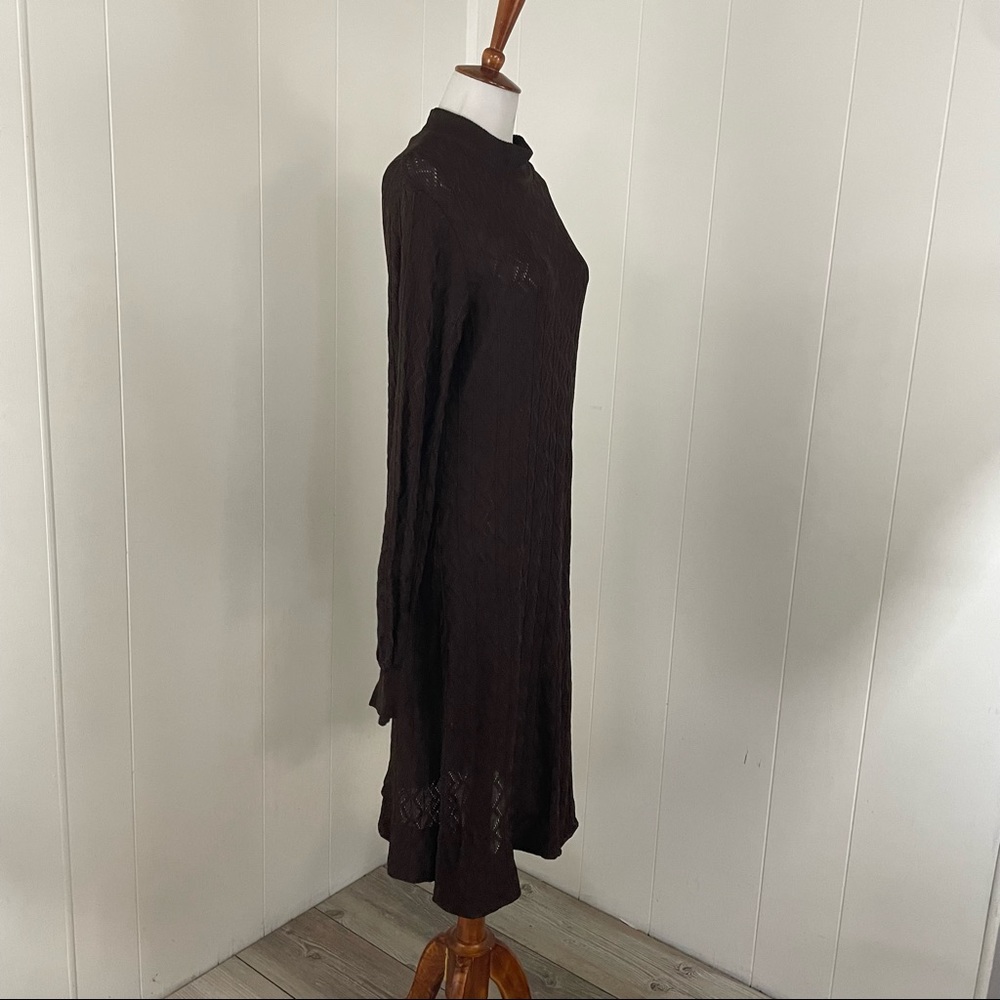 Vintage Knit Dress Women’s L Brown Semi Sheer Mock Neck‎ Long Sleeve Midi - Picture 4 of 6